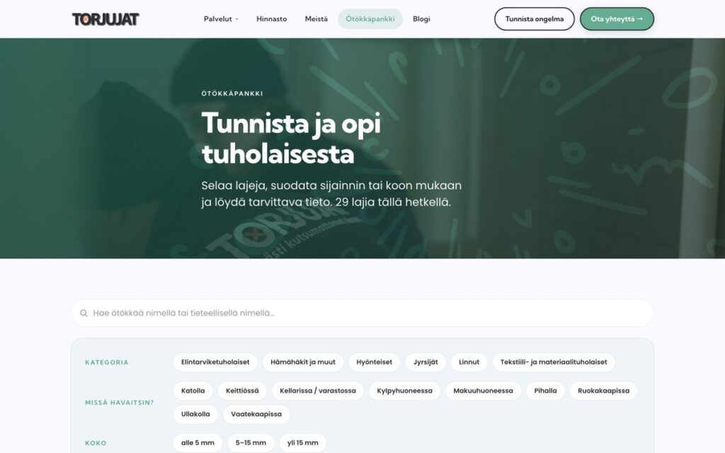 Ötökkäpankin lajihakemisto torjujat.fi:ssä, hakukenttä ja suodattimet kategorian, havaintopaikan ja koon mukaan