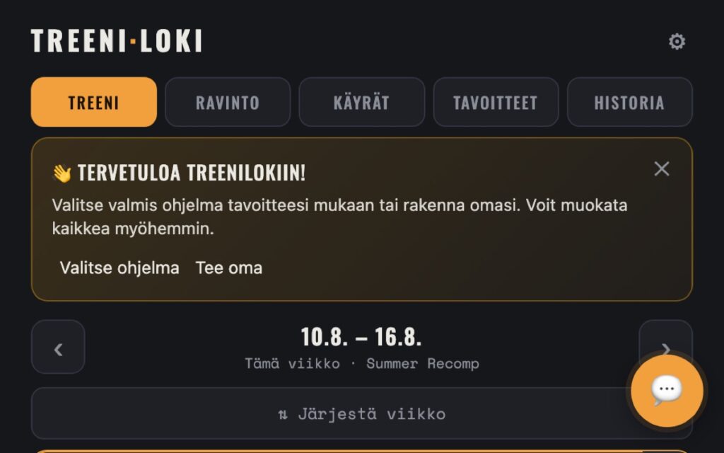Treenilokin näkymä: välilehdet treenille, ravinnolle, käyrille ja tavoitteille sekä viikon ohjelma